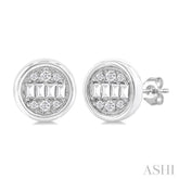 1/5 ctw Petite Bezel Set Round Shape Fusion Baguette and Round Cut Diamond Fashion Stud Earring in 10K White Gold